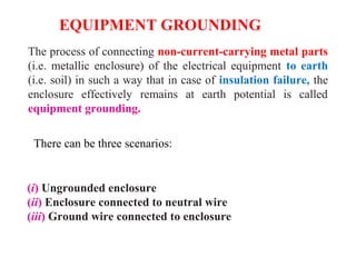 EQUIPMENT GROUNDING
The process of connecting non-current-carrying metal parts
(i.e. metallic enclosure) of the electrical equipment to earth
(i.e. soil) in such a way that in case of insulation failure, the
enclosure effectively remains at earth potential is called
equipment grounding.
(i) Ungrounded enclosure
(ii) Enclosure connected to neutral wire
(iii) Ground wire connected to enclosure
There can be three scenarios:
 