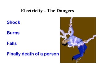 Electricity - The Dangers
Shock
Burns
Falls
Finally death of a person
 