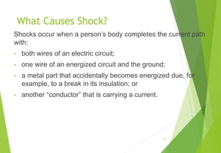 What Causes Shock?
Shocks occur when a person’s body completes the current path
with:
• both wires of an electric circuit;
• one wire of an energized circuit and the ground;
• a metal part that accidentally becomes energized due, for
example, to a break in its insulation; or
• another “conductor” that is carrying a current.
12
 