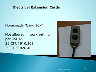 Homemade “Gang Box”
Not allowed in work setting
per OSHA:
29 CFR 1910.305
29 CFR 1926.405
PPT-008-02 21
 