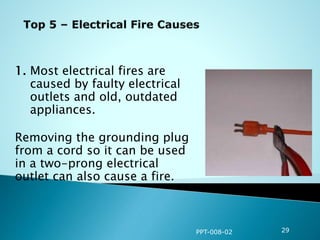1. Most electrical fires are
caused by faulty electrical
outlets and old, outdated
appliances.
Removing the grounding plug
from a cord so it can be used
in a two-prong electrical
outlet can also cause a fire.
PPT-008-02 29
 