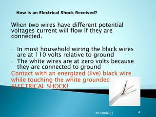 When two wires have different potential
voltages current will flow if they are
connected.
• In most household wiring the black wires
are at 110 volts relative to ground
• The white wires are at zero volts because
they are connected to ground
Contact with an energized (live) black wire
while touching the white grounded wire =
ELECTRICAL SHOCK!
PPT-008-02 4
 