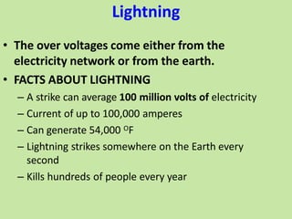 Lightning
• The over voltages come either from the
electricity network or from the earth.
• FACTS ABOUT LIGHTNING
– A strike can average 100 million volts of electricity
– Current of up to 100,000 amperes
– Can generate 54,000 OF
– Lightning strikes somewhere on the Earth every
second
– Kills hundreds of people every year
 