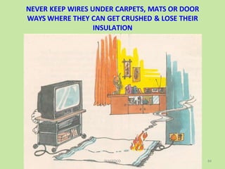 NEVER KEEP WIRES UNDER CARPETS, MATS OR DOOR
WAYS WHERE THEY CAN GET CRUSHED & LOSE THEIR
INSULATION
TANGEDCO 84
 