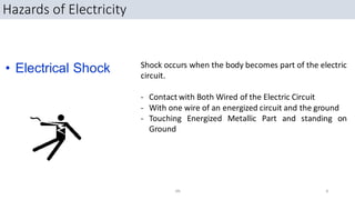 Hazards of Electricity
• Electrical Shock Shock occurs when the body becomes part of the electric
circuit.
- Contact with Both Wired of the Electric Circuit
- With one wire of an energized circuit and the ground
- Touching Energized Metallic Part and standing on
Ground
SN 8
 