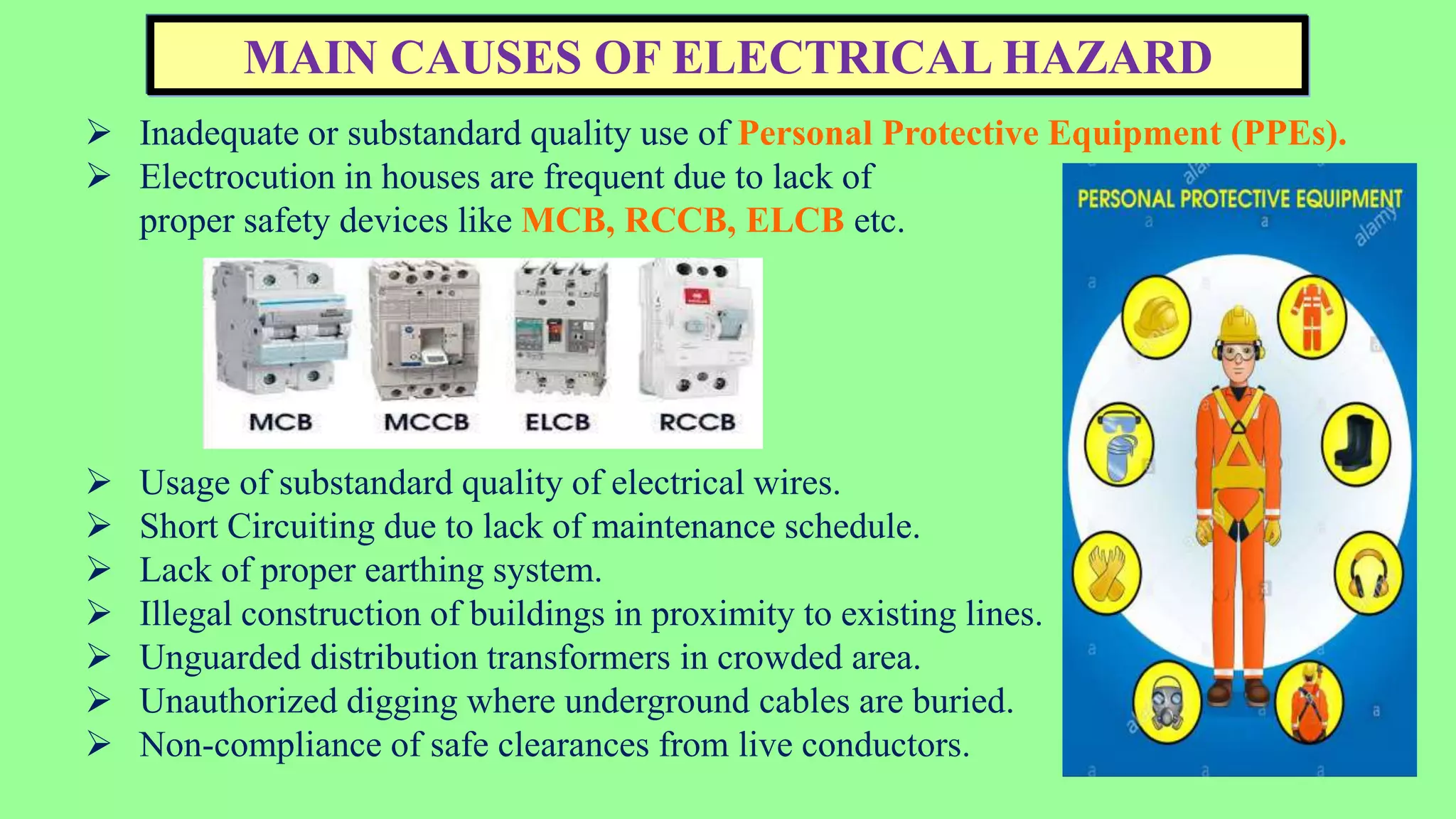 MAIN CAUSES OF ELECTRICAL HAZARD
 Inadequate or substandard quality use of Personal Protective Equipment (PPEs).
 Electrocution in houses are frequent due to lack of
proper safety devices like MCB, RCCB, ELCB etc.
 Usage of substandard quality of electrical wires.
 Short Circuiting due to lack of maintenance schedule.
 Lack of proper earthing system.
 Illegal construction of buildings in proximity to existing lines.
 Unguarded distribution transformers in crowded area.
 Unauthorized digging where underground cables are buried.
 Non-compliance of safe clearances from live conductors.
 
