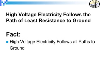 High Voltage Electricity Follows the
Path of Least Resistance to Ground
Fact:
 High Voltage Electricity Follows all Paths to
Ground
 
