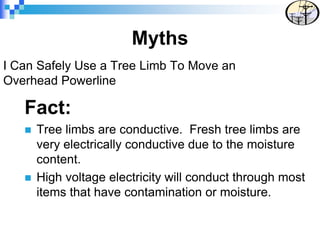 I Can Safely Use a Tree Limb To Move an
Overhead Powerline
Fact:
 Tree limbs are conductive. Fresh tree limbs are
very electrically conductive due to the moisture
content.
 High voltage electricity will conduct through most
items that have contamination or moisture.
Myths
 