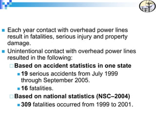  Each year contact with overhead power lines
result in fatalities, serious injury and property
damage.
 Unintentional contact with overhead power lines
resulted in the following:
Based on accident statistics in one state
 19 serious accidents from July 1999
through September 2005.
 16 fatalities.
Based on national statistics (NSC–2004)
 309 fatalities occurred from 1999 to 2001.
 