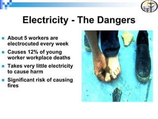 Electricity - The Dangers
 About 5 workers are
electrocuted every week
 Causes 12% of young
worker workplace deaths
 Takes very little electricity
to cause harm
 Significant risk of causing
fires
 