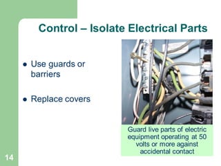 14
Control – Isolate Electrical Parts
⚫ Use guards or
barriers
⚫ Replace covers
Guard live parts of electric
equipment operating at 50
volts or more against
accidental contact
 