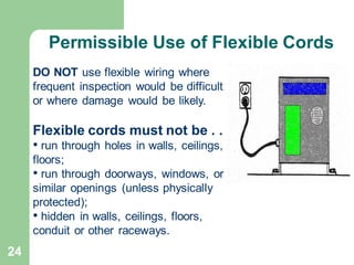 24
Permissible Use of Flexible Cords
DO NOT use flexible wiring where
frequent inspection would be difficult
or where damage would be likely.
Flexible cords must not be . . .
• run through holes in walls, ceilings, or
floors;
• run through doorways, windows, or
similar openings (unless physically
protected);
• hidden in walls, ceilings, floors,
conduit or other raceways.
 