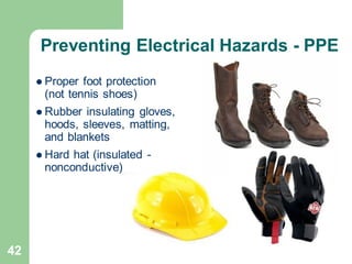 42
Preventing Electrical Hazards - PPE
⚫ Proper foot protection
(not tennis shoes)
⚫ Rubber insulating gloves,
hoods, sleeves, matting,
and blankets
⚫ Hard hat (insulated -
nonconductive)
 