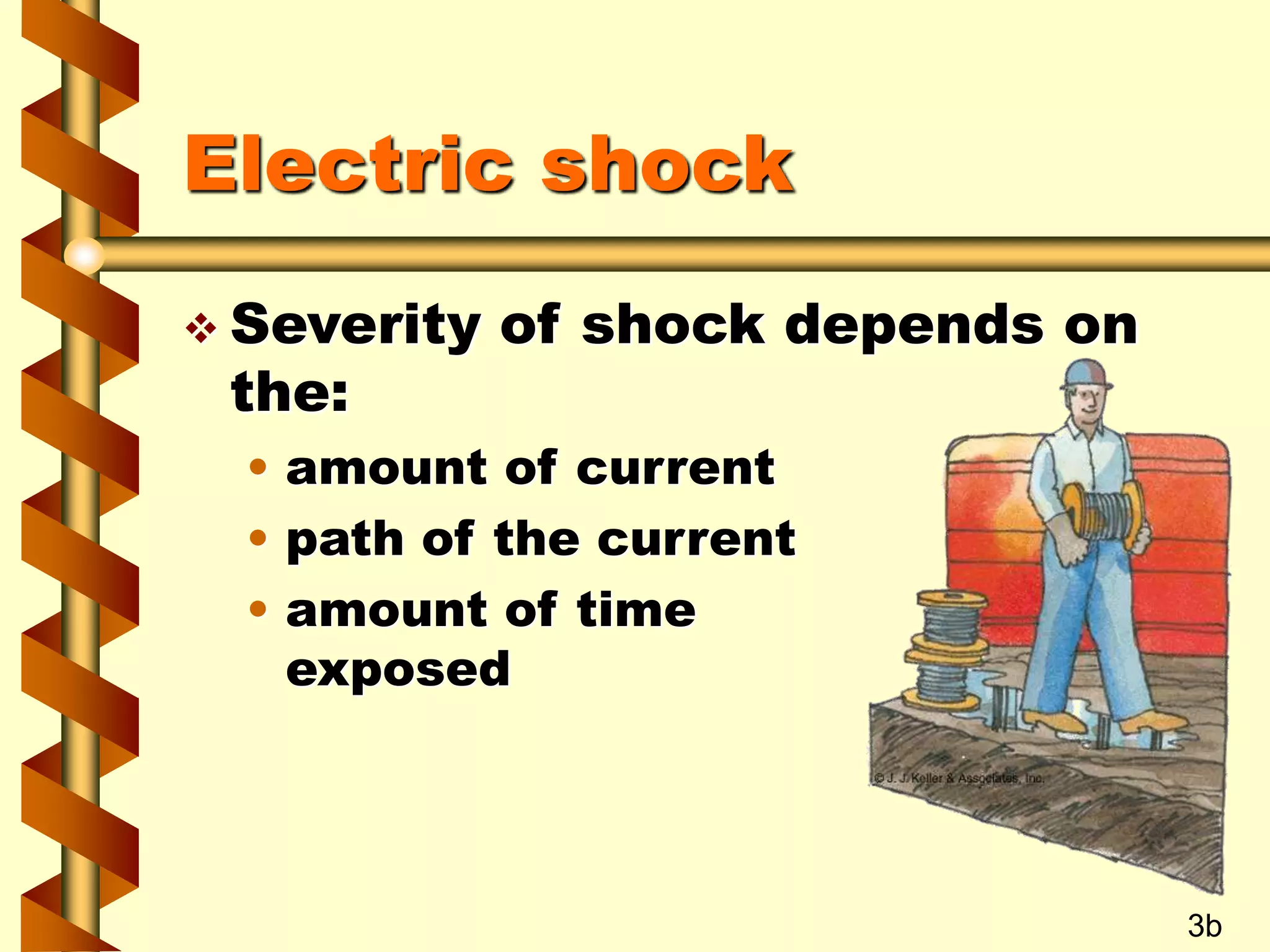Electric shock
 Severity of shock depends on
the:
• amount of current
• path of the current
• amount of time
exposed
3b
 