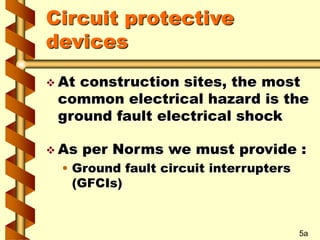 Circuit protective
devices
 At construction sites, the most
common electrical hazard is the
ground fault electrical shock...