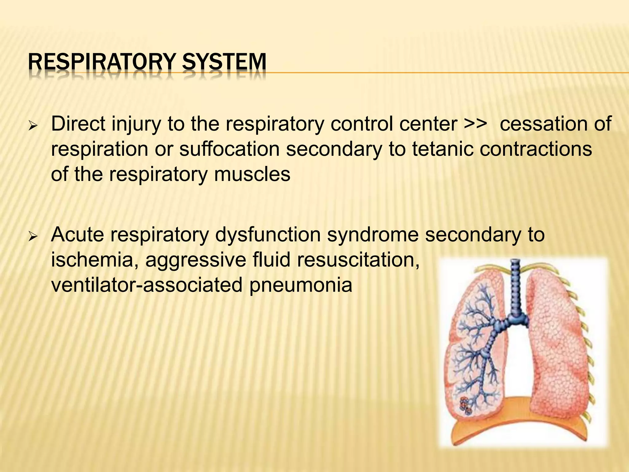 RESPIRATORY SYSTEM
 Direct injury to the respiratory control center >> cessation of
respiration or suffocation secondary to tetanic contractions
of the respiratory muscles
 Acute respiratory dysfunction syndrome secondary to
ischemia, aggressive fluid resuscitation,
ventilator-associated pneumonia
 
