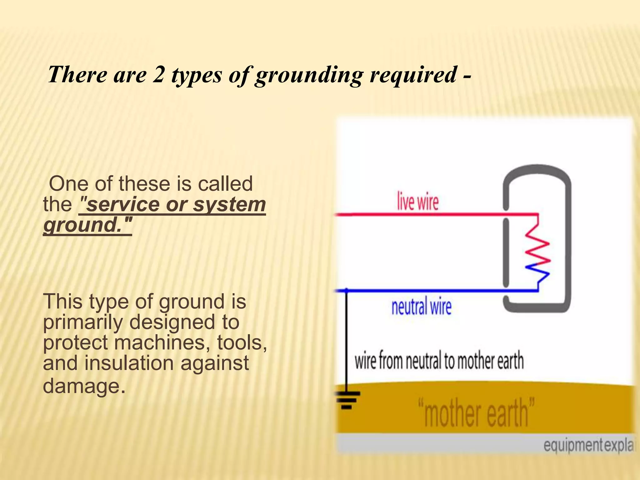One of these is called
the "service or system
ground."
This type of ground is
primarily designed to
protect machines, tools,
and insulation against
damage.
There are 2 types of grounding required -
 