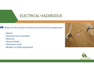 ELECTRICAL HAZARDOUS
What are the hazards of electricity and electrical equipment?
•Shock
•Electrical arcs and blasts
•Rescues
•Ground faults
•Extension cords
•Broken or faulty equipment
 
