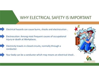 WHY ELECTRICAL SAFETY IS IMPORTANT
Electrical hazards can cause burns, shocks and electrocution .
Electrocution: Among most frequent causes of occupational
injury or death at Workplaces.
Electricity travels in closed circuits, normally through a
conductor.
Your body can be a conductor which may means an electrical shock .
 
