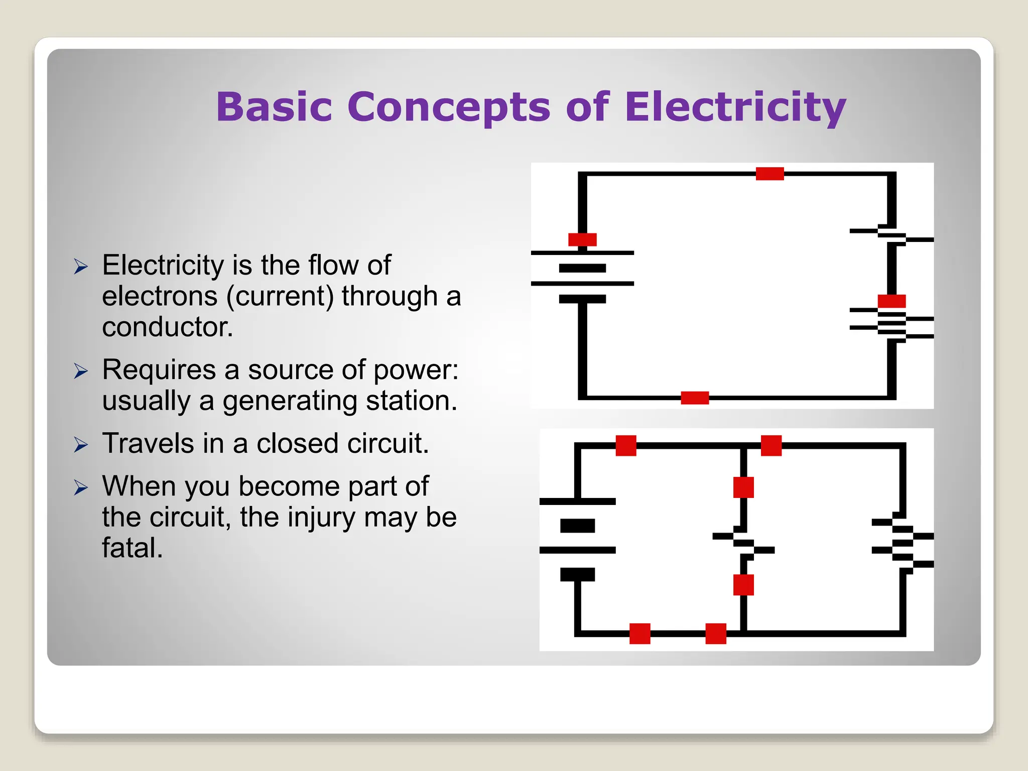 Basic Concepts of Electricity
 Electricity is the flow of
electrons (current) through a
conductor.
 Requires a source of power:
usually a generating station.
 Travels in a closed circuit.
 When you become part of
the circuit, the injury may be
fatal.
 