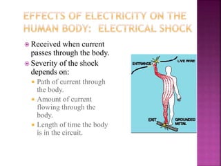  Received when current
passes through the body.
 Severity of the shock
depends on:
 Path of current through
the body.
 Amount of current
flowing through the
body.
 Length of time the body
is in the circuit.
 