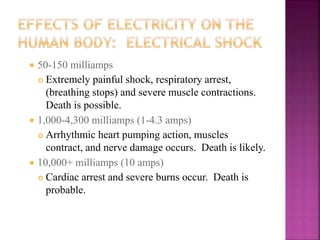 50-150 milliamps
 Extremely painful shock, respiratory arrest,
(breathing stops) and severe muscle contractions.
Death is possible.
 1,000-4,300 milliamps (1-4.3 amps)
 Arrhythmic heart pumping action, muscles
contract, and nerve damage occurs. Death is likely.
 10,000+ milliamps (10 amps)
 Cardiac arrest and severe burns occur. Death is
probable.
 