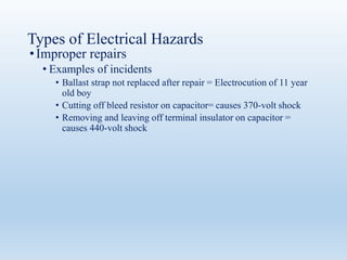 Types of Electrical Hazards
•Improper repairs
• Examples of incidents
• Ballast strap not replaced after repair = Electrocution of 11 year
old boy
• Cutting off bleed resistor on capacitor= causes 370-volt shock
• Removing and leaving off terminal insulator on capacitor =
causes 440-volt shock
 