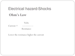 Electrical hazard-Shocks
Ohm's Law
Volts
Current = --------------
Resistance
Lower the resistance higher the current
 