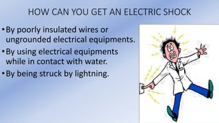 HOW CAN YOU GET AN ELECTRIC SHOCK
•By poorly insulated wires or
ungrounded electrical equipments.
•By using electrical equipments
while in contact with water.
•By being struck by lightning.
 