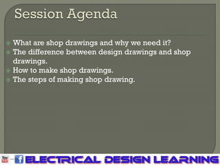  What are shop drawings and why we need it?
 The difference between design drawings and shop
drawings.
 How to make shop drawings.
 The steps of making shop drawing.
 
