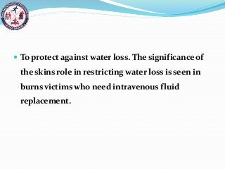  To protect against water loss. The significance of
the skins role in restricting water loss is seen in
burns victims who need intravenous fluid
replacement.
 