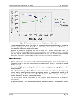 Pressure change in pump (psi)

Electrical Submersible Pump Analysis and Design

Case Services, Inc.

2500
2000
Well
Pump
Observed

1500
1000
500
0
0

100 200 300 400 500 600
Rate (STB/D)

Figure 12: Observed data indicates error in well requirements used for design
As time passes, assuming no changes to the system, the well test data should be expected to remain very close to the
theoretical operating point. However, changes do occur, and monitoring of the well using the described technique can
provide valuable insight into the nature of these changes.
Over time, the well test data may begin to trend along the “Pump” curve – deviating from the “Well” curve. This
behavior is indicative of changing formation conditions (pressure decline or skin damage). Conversely, well test data
may begin to deviate from the “Pump” curve and trend along the “Well” curve. This would be an indication of pump
performance deterioration. Note that pump performance deterioration does not always mean pump wear.

Pump Internals
Previous sections of this paper discussed the role fluid dynamics inside the pump in causing the flow rate to vary as
liquid passes through the pump. This fluid compression phenomenon results in successively higher stages in the pump
handling lower rates.
This behavior is highly dynamic, and is dependent on the fluids (oil, water, and gas) entering the pump intake as well as
pump characteristics.
The well test performance plots described above take a “macro” view of the pump as it relates to the total producing
system. However, detailed calculations should be performed with each well test to determine fluid flow rates for the
various stages of the pump. These calculations can be performed any time the tubing discharge pressure, pump intake
pressure, and fluid flow rates can be simultaneously estimated.
The resulting detailed flow rate analysis within the pump can reveal changes inside the pump that might cause
excessive stress.
csSubsAnalysis provides a report detailing these calculations. A version of the report is available for each analyzed
well test.

05/30/01

Page 19

 