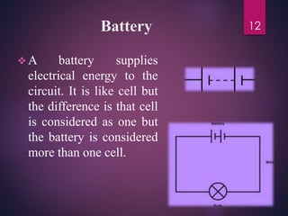 Battery
 A battery supplies
electrical energy to the
circuit. It is like cell but
the difference is that cell
is considered as one but
the battery is considered
more than one cell.
12
 