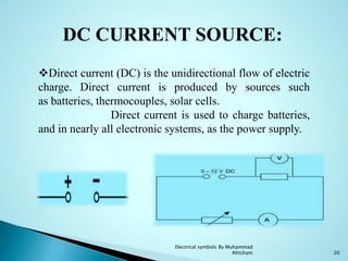 DC CURRENT SOURCE:
Direct current (DC) is the unidirectional flow of electric
charge. Direct current is produced by sources such
as batteries, thermocouples, solar cells.
Direct current is used to charge batteries,
and in nearly all electronic systems, as the power supply.
20
Electrical symbols By Muhammad
Ahtsham
 
