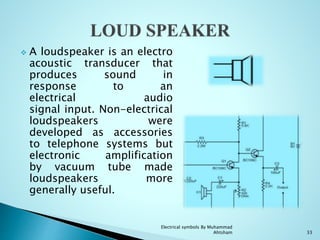  A loudspeaker is an electro
acoustic transducer that
produces sound in
response to an
electrical audio
signal input. Non-electrical
loudspeakers were
developed as accessories
to telephone systems but
electronic amplification
by vacuum tube made
loudspeakers more
generally useful.
33
Electrical symbols By Muhammad
Ahtsham
 