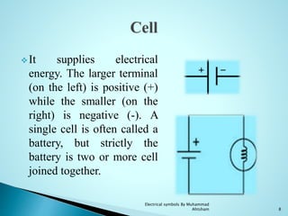 It supplies electrical
energy. The larger terminal
(on the left) is positive (+)
while the smaller (on the
right) is negative (-). A
single cell is often called a
battery, but strictly the
battery is two or more cell
joined together.
8
Electrical symbols By Muhammad
Ahtsham
 