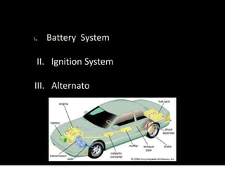I. Battery System
II. Ignition System
III. Alternato
 