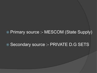  Primary source :- MESCOM (State Supply)
 Secondary source :- PRIVATE D.G SETS
 