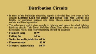 Distribution Circuits
• In most of the buildings electricity supply is divided into two types of sub
circuit: Lighting Load sub-circuit and power load Sub Circuit and
finally for operation purpose into three phases circuit-lighting, socket
outlets and fixed apparatus.
• The sub circuit which gives supply to lighting load points is called lighting
load sub circuit. This circuit includes lamps, fans, tubes etc. As per Indian
Electricity Rules. The following rating should be assumed
• Filament lamp 60 W
• Ceiling fan 60 W
• Socket for radio, table fan 60 W
• Flurecent tube 40 W
• Mercury Vapour lamp 80 W
 