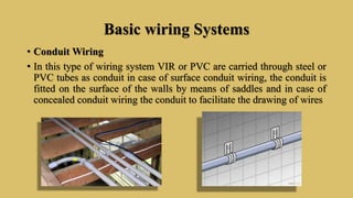 Basic wiring Systems
• Conduit Wiring
• In this type of wiring system VIR or PVC are carried through steel or
PVC tubes as conduit in case of surface conduit wiring, the conduit is
fitted on the surface of the walls by means of saddles and in case of
concealed conduit wiring the conduit to facilitate the drawing of wires
 