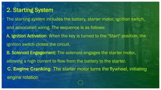2. Starting System
The starting system includes the battery, starter motor, ignition switch,
and associated wiring. The sequence is as follows:
A. Ignition Activation: When the key is turned to the "Start" position, the
ignition switch closes the circuit.
B. Solenoid Engagement: The solenoid engages the starter motor,
allowing a high current to flow from the battery to the starter.
C. Engine Cranking: The starter motor turns the flywheel, initiating
engine rotation.
 