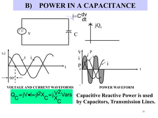 35
B) POWER IN A CAPACITANCE
v C
jQc
dt
dvCi
t
v,i
v i
90o
VOLTAGE AND CURRENT WAVEFORMS
o t
POWER WAVEFORM
+
-
v
i
p
P
v
i
Vars
C
X
2Vj
C
X2jIIjV
C
Q  Capacitive Reactive Power is used
by Capacitors, Transmission Lines.
 