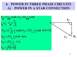 60
6. POWER IN THREE PHASE CIRCUITS
A) POWER IN A STAR CONNECTION
2
T
Q2
T
P
T
U
V.A.
L
I
L
V3
T
U
Varssin
L
I
L
V3
T
Q
WATTScos
L
I
L
V3
T
Pcos
L
I.
3
L
V
3.
T
P
3
L
V
V,
L
II
cosI3V
T
PcosIVP














,
,
QT

PT
UT
 
