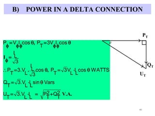 61
B) POWER IN A DELTA CONNECTION
V.A.
,.
I
,
2
T
Q2
T
P
L
I
L
.V3
T
U
Varssin
L
I
L
.V3
T
Q
WATTScos
L
I
L
V3
T
Pcos
3
L
I
L
3.V
T
P
3
L
I
cosI3V
T
PcosIVP












PT
UT
QT
 