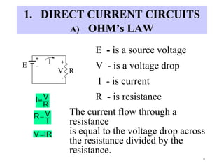 6
1. DIRECT CURRENT CIRCUITS
A) OHM’s LAW
+
-
-
+
E
I
V R
E - is a source voltage
V - is a voltage drop
I - is current
R - is resistance
The current flow through a
resistance
is equal to the voltage drop across
the resistance divided by the
resistance.
R
VI
I
VR
IRV
 