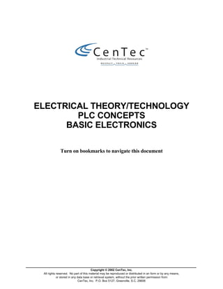 ELECTRICAL THEORY/TECHNOLOGY
        PLC CONCEPTS
      BASIC ELECTRONICS

             Turn on bookmarks to navigate this document




                                       Copyright © 2002 CenTec, Inc.
 All rights reserved. No part of this material may be reproduced or distributed in an form or by any means,
            or stored in any data base or retrieval system, without the prior written permission from:
                              CenTec, Inc. P.O. Box 5127, Greenville, S.C, 29606
 
