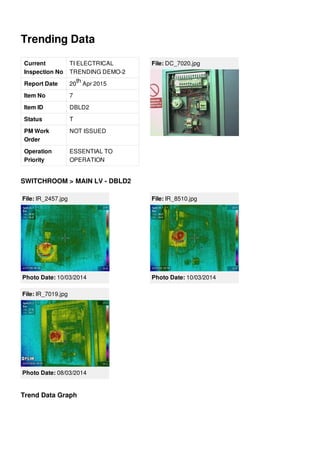 Trending Data
Current
Inspection No
TI ELECTRICAL
TRENDING DEMO-2
Report Date 20 Apr 2015
Item No 7
Item ID DBLD2
Status T
PM Work
Order
NOT ISSUED
Operation
Priority
ESSENTIAL TO
OPERATION
th
File: DC_7020.jpg
SWITCHROOM > MAIN LV - DBLD2
File: IR_2457.jpg
Photo Date: 10/03/2014
File: IR_8510.jpg
Photo Date: 10/03/2014
File: IR_7019.jpg
Photo Date: 08/03/2014
Trend Data Graph
 