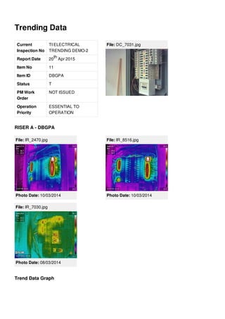 Trending Data
Current
Inspection No
TI ELECTRICAL
TRENDING DEMO-2
Report Date 20 Apr 2015
Item No 11
Item ID DBGPA
Status T
PM Work
Order
NOT ISSUED
Operation
Priority
ESSENTIAL TO
OPERATION
th
File: DC_7031.jpg
RISER A - DBGPA
File: IR_2470.jpg
Photo Date: 10/03/2014
File: IR_8516.jpg
Photo Date: 10/03/2014
File: IR_7030.jpg
Photo Date: 08/03/2014
Trend Data Graph
 