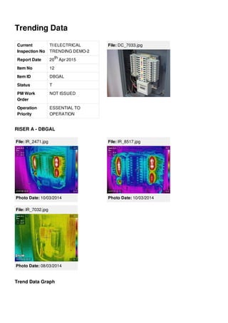 Trending Data
Current
Inspection No
TI ELECTRICAL
TRENDING DEMO-2
Report Date 20 Apr 2015
Item No 12
Item ID DBGAL
Status T
PM Work
Order
NOT ISSUED
Operation
Priority
ESSENTIAL TO
OPERATION
th
File: DC_7033.jpg
RISER A - DBGAL
File: IR_2471.jpg
Photo Date: 10/03/2014
File: IR_8517.jpg
Photo Date: 10/03/2014
File: IR_7032.jpg
Photo Date: 08/03/2014
Trend Data Graph
 