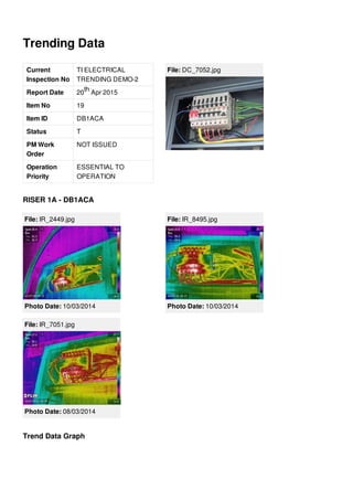 Trending Data
Current
Inspection No
TI ELECTRICAL
TRENDING DEMO-2
Report Date 20 Apr 2015
Item No 19
Item ID DB1ACA
Status T
PM Work
Order
NOT ISSUED
Operation
Priority
ESSENTIAL TO
OPERATION
th
File: DC_7052.jpg
RISER 1A - DB1ACA
File: IR_2449.jpg
Photo Date: 10/03/2014
File: IR_8495.jpg
Photo Date: 10/03/2014
File: IR_7051.jpg
Photo Date: 08/03/2014
Trend Data Graph
 